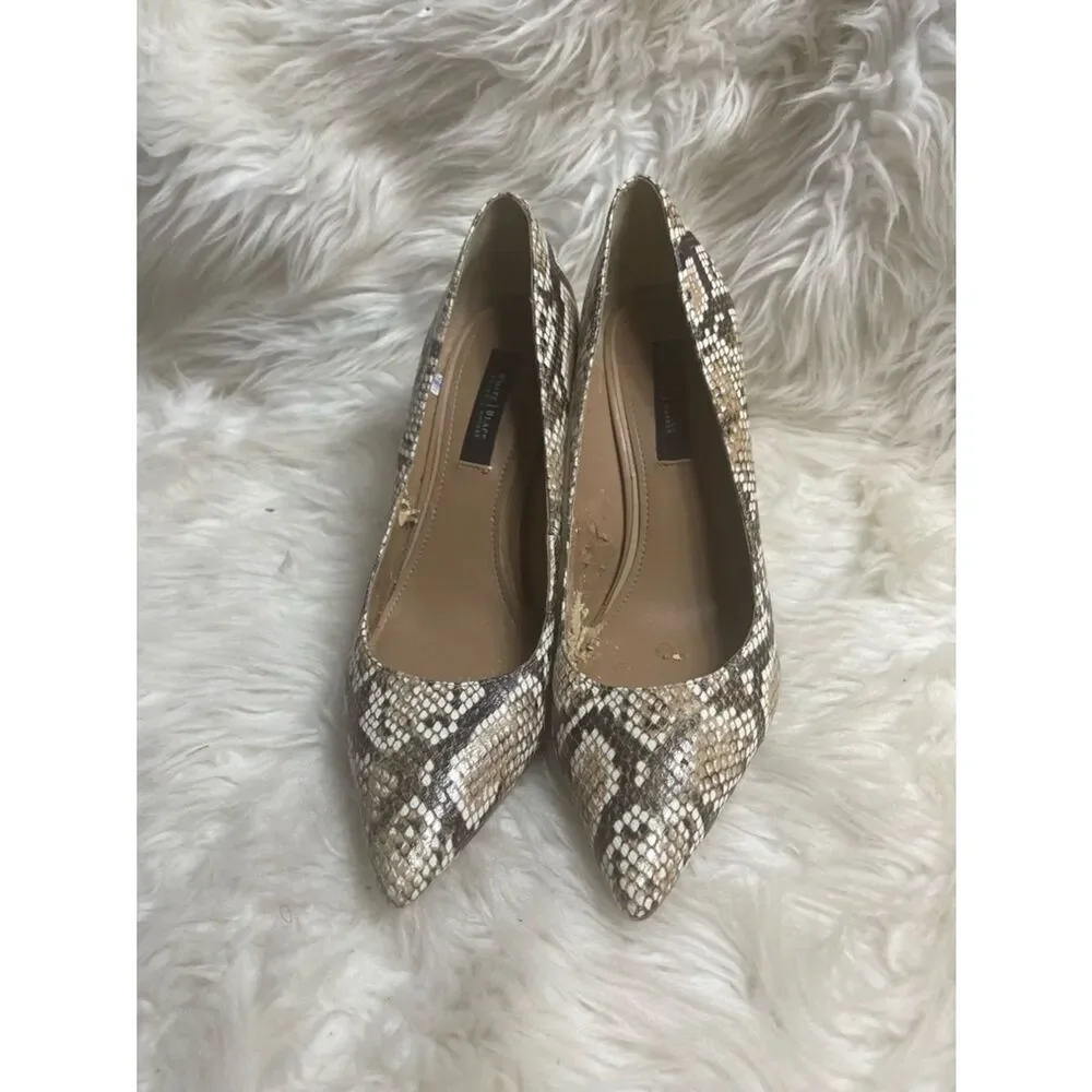 White House Black Market Neutral snakeskin print slip on heels Pointed toe SZ9.5